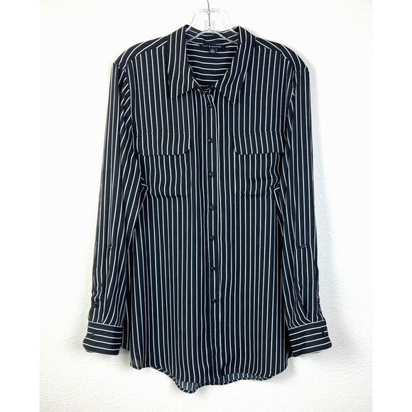 Zac & Rachel Womens Button Up Blouse Size XL Black White Striped Roll-Tab Sleeve - Picture 1 of 7
